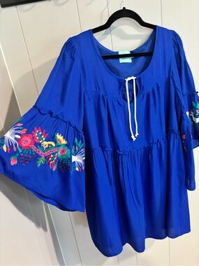 Judith March Royal Blue Embroidered Bell Sleeve Midi Dress